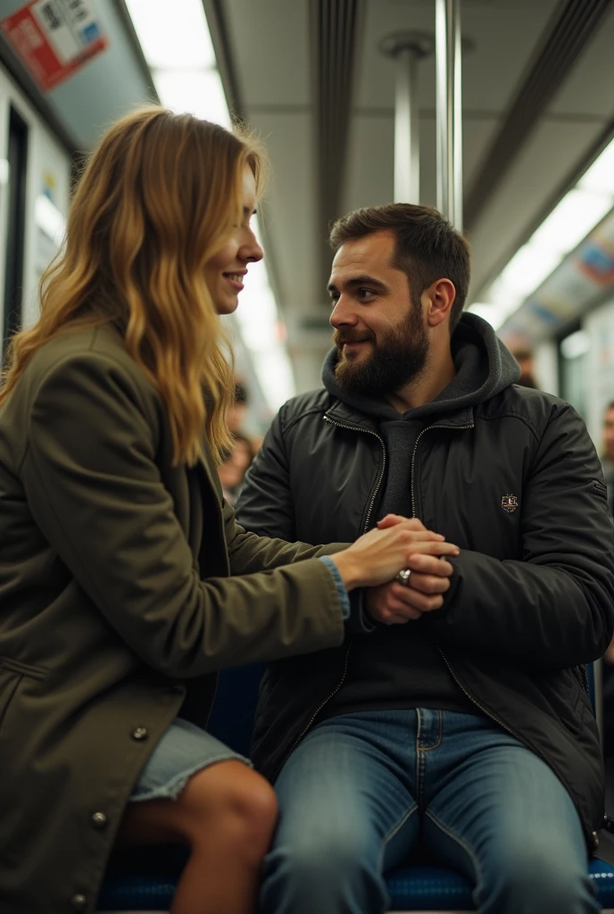 Girl in her twenties is giving a stranger a handjob, they are in a public train