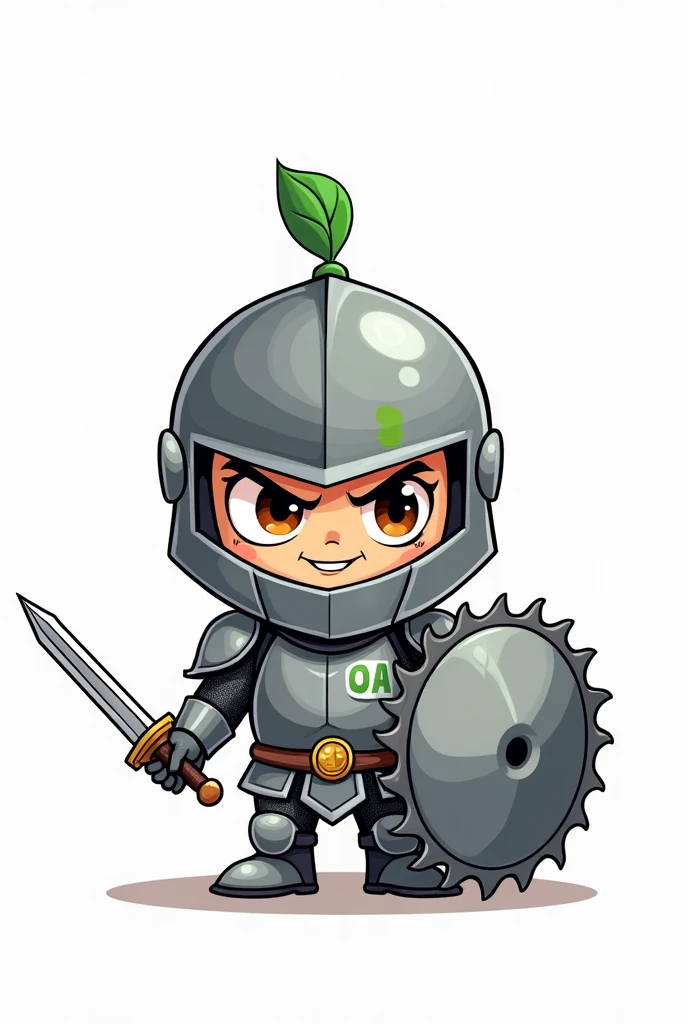 A cartoon-style illustration of a Q version character, a knight in Western armor 。The knight has a small green mark on his forehead.「OKC」He is wearing a round helmet with a logo on it.。 The helmet has a green decoration on the head.。No sun visor required on helmet。Armor without visor is metallic silver、In one hand the knight holds a saber with a silver handle and a drill tip at the end.。on the other hand、The knight carries a circular shield resembling a saw blade.。It has large, expressive, fierce eyes that can be seen through the visor of its helmet.。Please create the photo in full frontal view with a white background.。