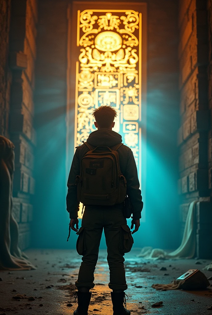   A bold and adventurous young men stands in front of a glowing ancient artifact in a secret underground gallery. The atmosphere is mysterious, with a play of light and shadow highlighting intricate details on the artifact. The scene is set at dusk, with the warm, golden light from above contrasting against the cool, blue tones of the underground chamber. The woman wears a stylish travel outfit, combining modern and vintage elements, reflecting both her adventurous spirit and the ancient mystery she is uncovering." Please keep the Same person same clothes on the all pictures change just the camera sides 