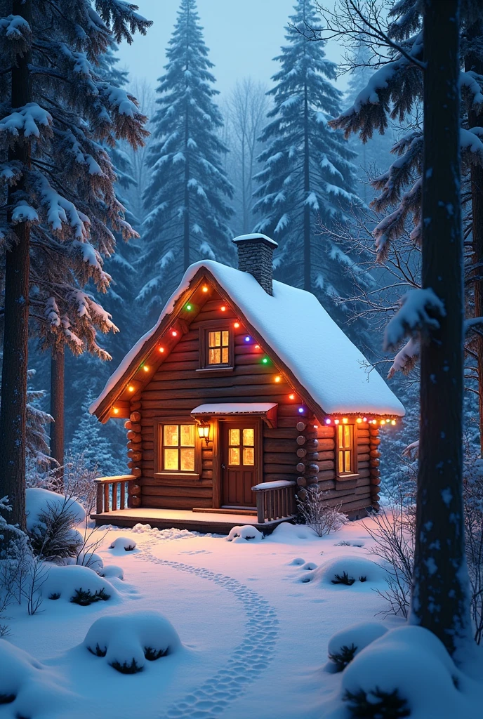 cabin in the woods with multicolored christmas lights covered in snow
