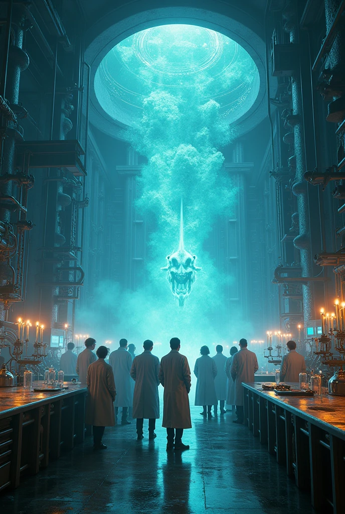 A stark contrast between the meticulous order of a high-tech scientific laboratory and the eerie chaos of a cultist ritual. In the center, a group of scientists in a pristine white lab coat, goggles pushed up onto their forehead, stands with a look of both fascination and awe. They are flanked by two giant test tanks, filled with an iridescent, otherworldly fluid that pulses with a mesmerizing rhythm.