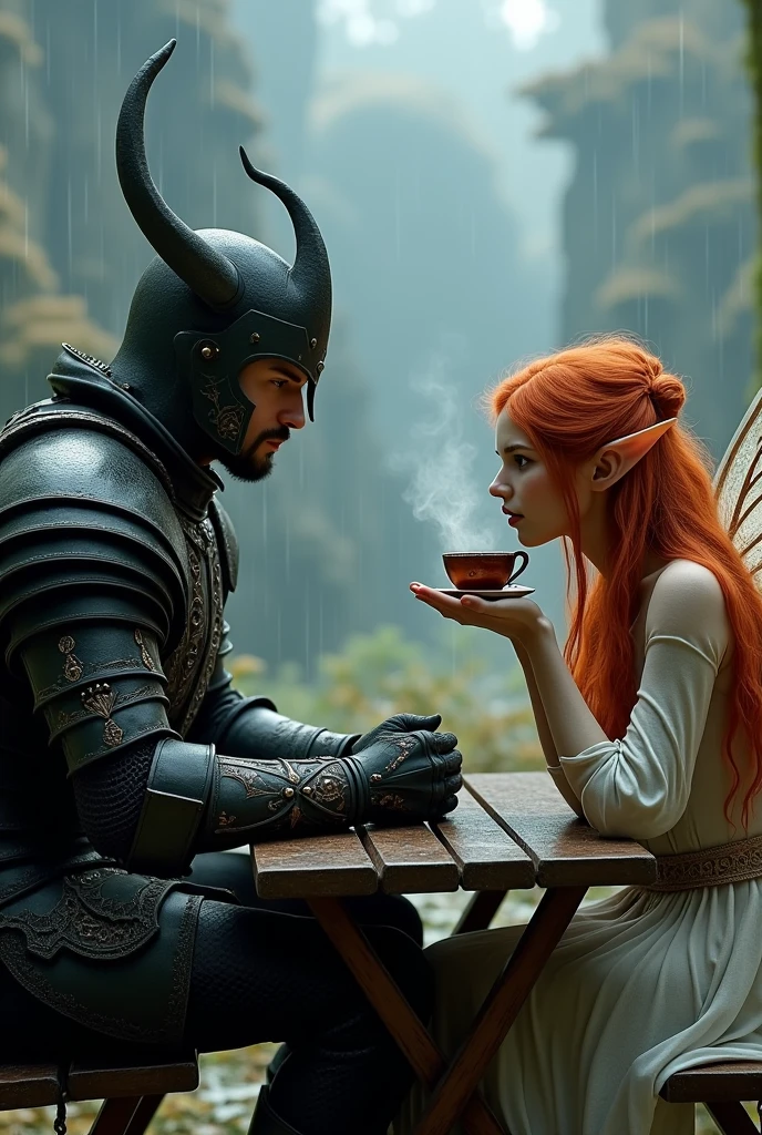 Romantic fantasy, in skyrim style. A man in armor and a black helmet, with horns and sword, looking at a fairy with pointy ears and coppery orange hair drinking tea. The two are sitting at a table facing each other., it&#39;s raining.
