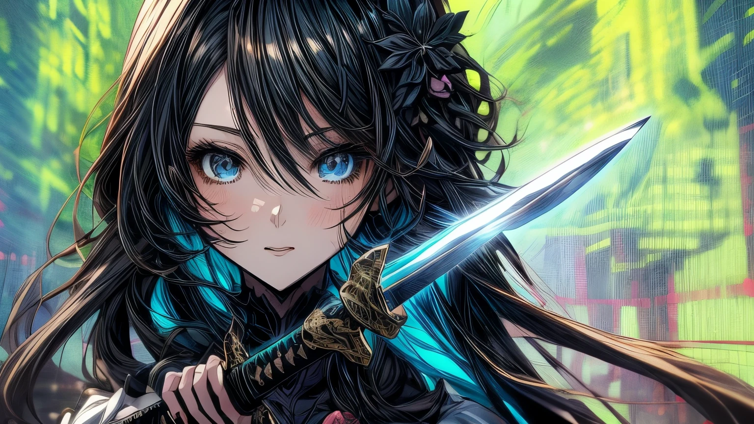 Anime girl with long black hair and green hair holding a sword., 4K anime style, detailed digital animated art, anime art wallpaper 4k, anime art wallpaper 4k, digital animated art, detailed anime art, beautiful animated portrait, detailed portrait of anime girl, detailed anime artwork, digital anime illustration, anime style digital art, anime fantasy illustrations