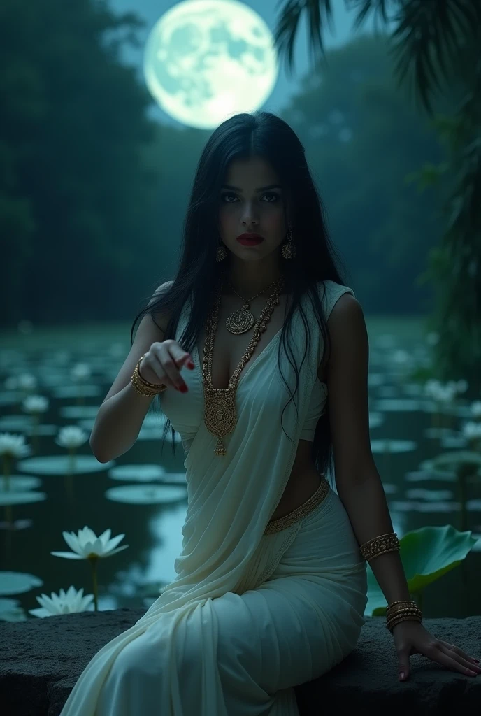 night photograph of a 32 year old indian woman posing as yakshni, looking at the viewer, seducing, sitting on a rock, very little light, horror ambiance, full moon night, village pond filled with lot of white water lilly in the background, fair milkey white skin tone, detailed round face, perfect black eyes, looking at the viewer, detailed red lips, perfect body, large brests, deep cleavage, flat belly, round navel, curvy hips and waist, one hand held on the waist, calling the viewer towards her with other hand, perfect lugs but covered, wearing a white saree and sleeveless blouse, gold ornaments