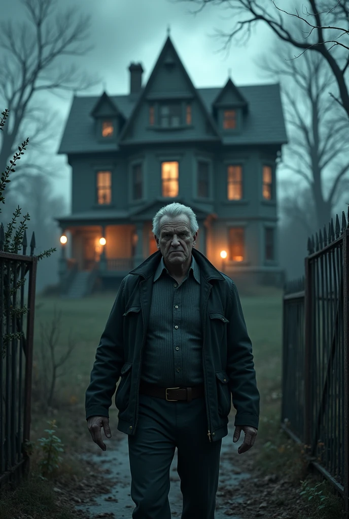 Make a video game cover where the main character has to enter the house haunted by ghosts, I put the character in front and the house behind him, the character is a man and the name of the game is haunted house