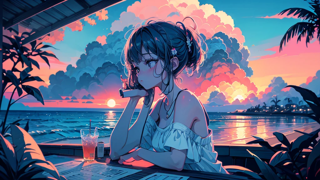 There is a woman sitting on a towel and drinking a coconut drink。, In the style of digital illustration, stylized digital illustration, Just a joke, Great illustrations, Chill Hop, LOFI Girl, Relaxing concept art, Beautiful digital illustrations, Relax on the beach, Beautiful digital art, Illustration Style, Beautiful artwork illustration, Exquisite digital illustrations, Detailed digital illustration, Lofi Art