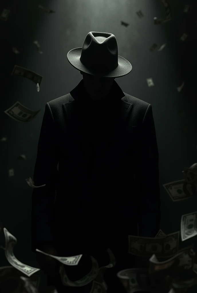 Make an image with a black background and money, for a vlub of millionaires, that looks dark and aggressive, with a man in the shadows