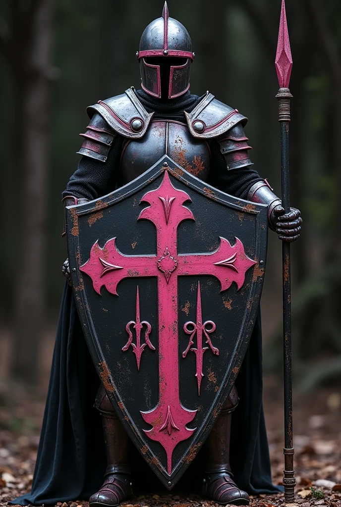 Photo
Un set bouclier haume et lance de combat.
Le tout en métal peint en noir avec des trace d'usure. Les motifs sont en rose.
Au centre du bouclier il y a le nom Alix écrit en lettres gothique.
Sur le haume il y a un symbole de licorne
Le symbole sur le bouclier est aussi une licorne a la place de la croix