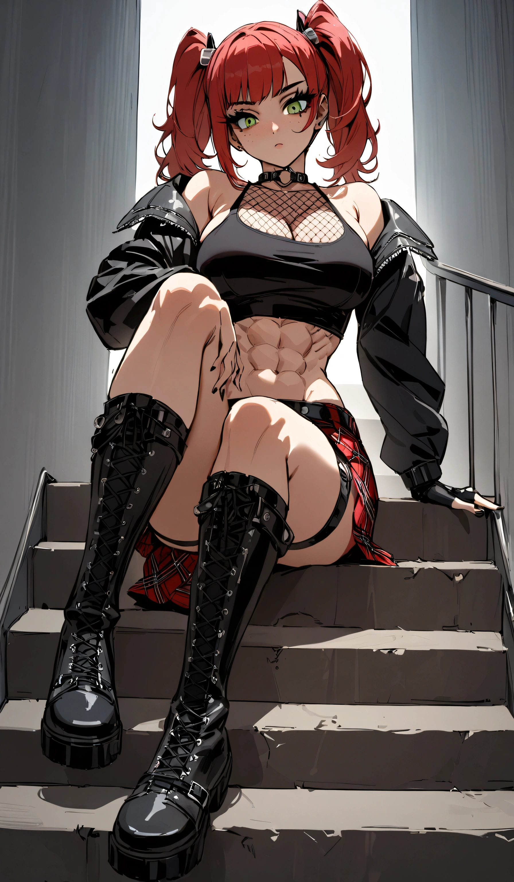 woman, stoic, curly red hair in pig tails, green eyes, black eyeshadow, wearing crop top black shirt, long black jacket, red plaid skirt, black knee high boots, black fingerless gloves, exposed shoulders, large breasts, freckles, abs, cleavage, looking down at viewer, masterpiece, best quality, Holo-Punk Style, sitting on stairs, make up, eyelashes, fish net undershirt, fish net stockings, (full body), legs crossed