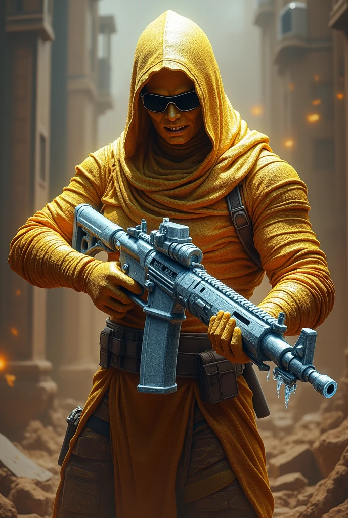 main character: A golden mummy, with shiny bandages, symbolizing power and mystery.
accessory: The mummy holds a glacial M416 tightly in his hand, a weapon with icy details, like ice crystals along the pipe, contrasting with the mummy's golden glow.
Pose and Expression: The mummy is in an imposing pose, Transmitting strength and determination, with a menacing look.
fund: A subtle setting with elements of PUBG Mobile, in tones that highlight the game's epic and competitive atmosphere.