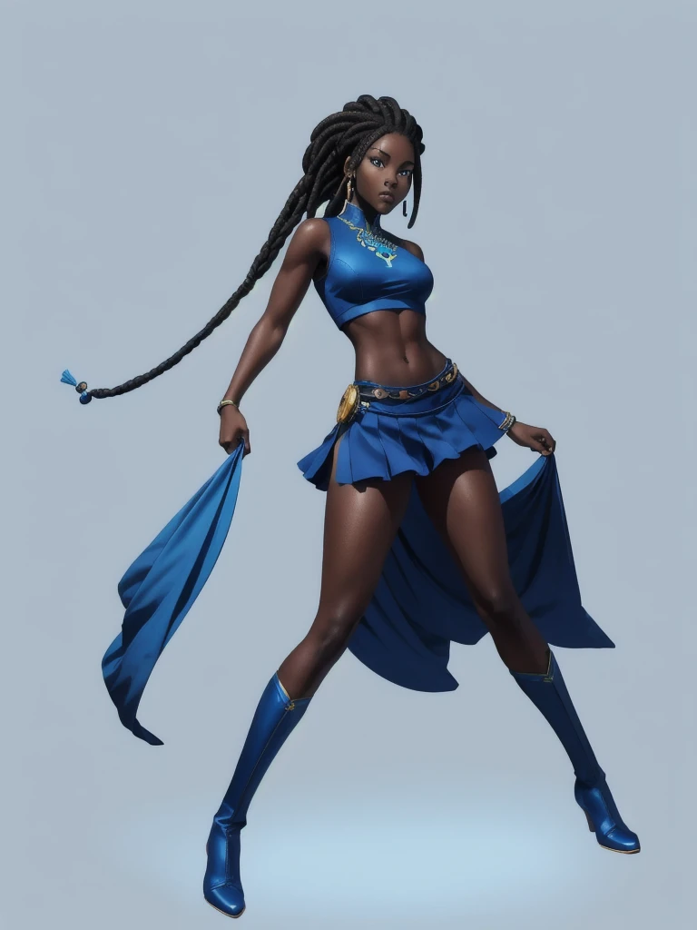 ((best quality)), ((4k)), ((highres)), ((masterpiece:1.2)). ((detailed)), ((ultra realistic)), ((intricate details)), ((full body picture)), ((character design sheet)), ((blank background)), a full body picture of a beautifull ebony female, young black woman, african princess, african model, perfect face, gorgeous face, detailed eyes, detailed lips, ((vivid blue eyes)), about 1, about 5'5 ft. tall, long thin dreadlocks, ((emphasis on her long thin dreadlocks)), dreadlock beads ((emphasis on her dreadlock beads)), athletic body, dressed in a sleeveless blue tank top and a floaty blue ruffle mini skirt ((emphasis on her sleeveless blue tank top and a floaty blue ruffle mini skirt)), midriff, dark blue and light blue outfit, ((emphasis on dark blue and light blue outfit)), multi-colored outfit, ((emphasis on multi-colored outfit)), multiple shades of blue dress, ((emphasis on her multiple shades of blue dress)), turquoise outfit, blue boots, princess, african sea goddess character concept, superhero character, superhero concept art, superhero character concept art, full body, full body concept art, full body art, splashes of water in the background