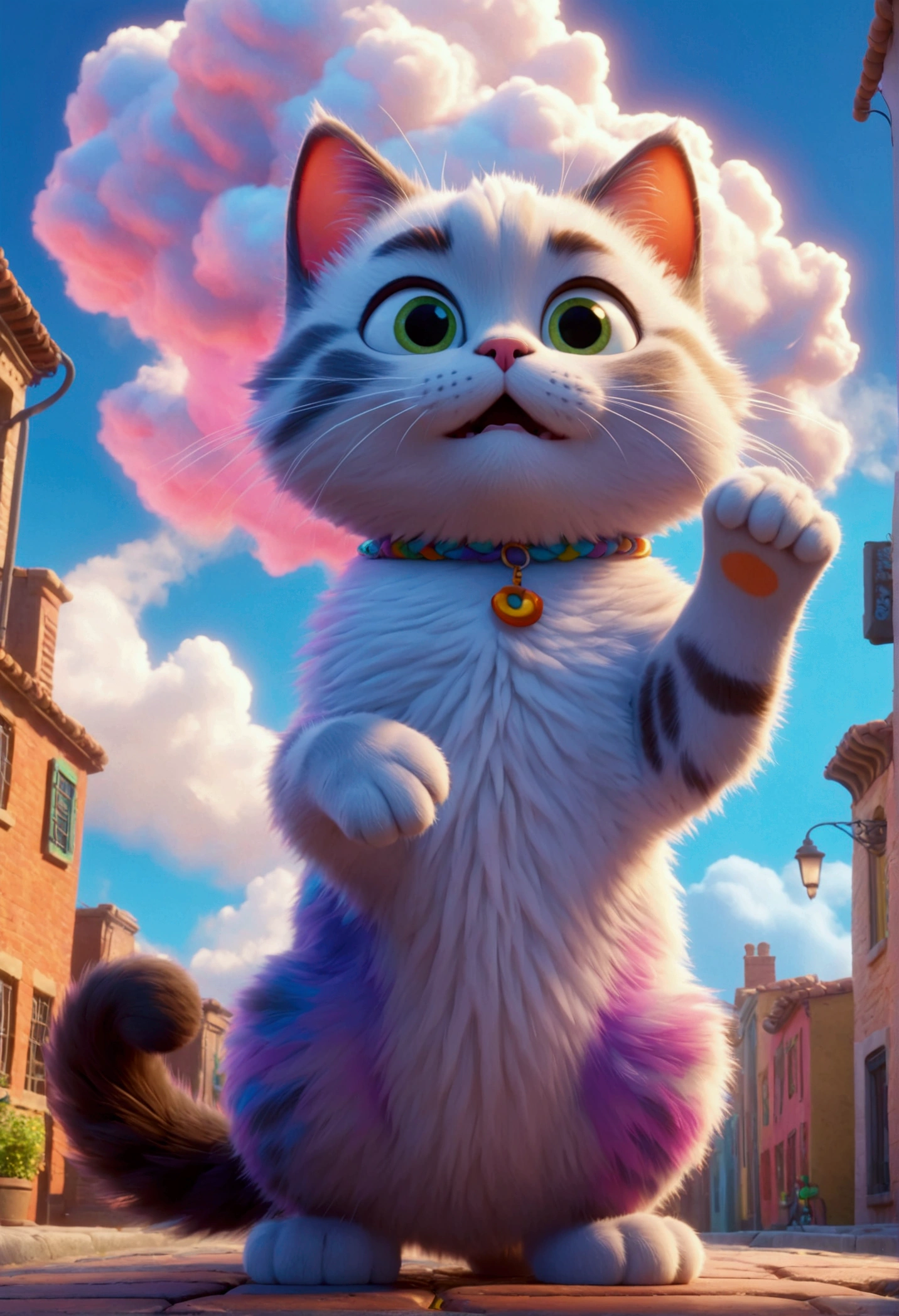 un gato tocando una nube con la pata  a su lado colorido 3D y detallado, bright and striking colors, pixar, 3D, 8k