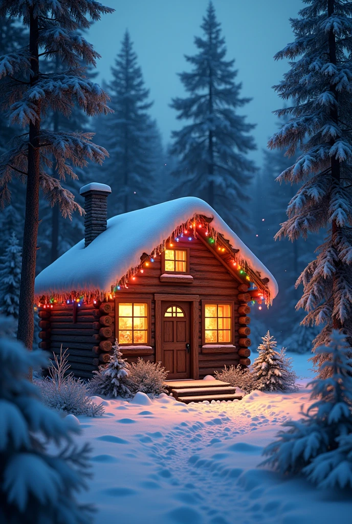 cabin in the woods with multicolored christmas lights covered in snow at night