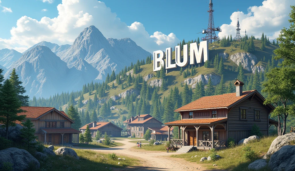 The village is small people in it there is construction in the mountains The word Blum is like Hollywood but the word BLUM is huge and next to it the word @dragonscryptochat