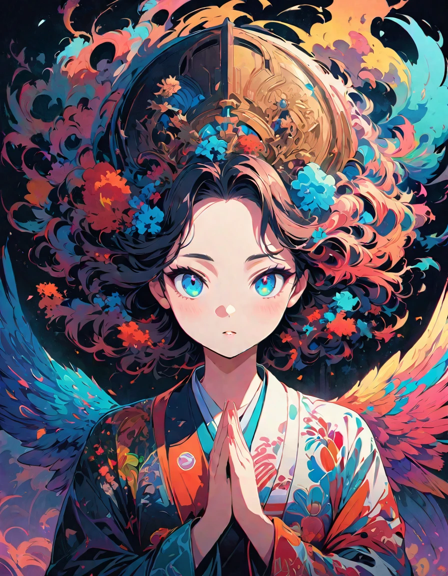 detailed textures, high quality, high resolution, high accuracy, realism, color correction, correct lighting settings, harmonious composition. A vector art style, front view of an anime girl with traditional Japanese elements and cyberpunk design, hands in a prayer pose, multiple eyes on her head, she has wings behind her back, the background is a temple with a red and blue color theme, a colorful pop art illustration in the style of cool, a highly detailed, clean, bold manga poster, a 2D, flat, symmetrical composition. --ar 3:4 --niji 6