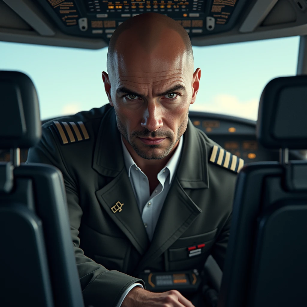 homme chauve pilote d'avion ,le regard vers nous