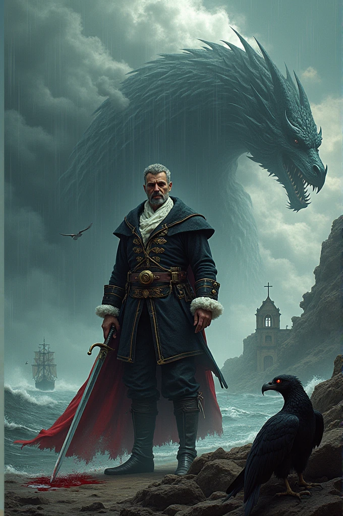 A 16th century ship admiral dressed in black, white and red. In its chapel there is a cross like the one on the Portuguese caravels.
Make him with a bloodstained sword and behind him is a dead dragon. In front of you Make a giant hurricane destroying everything while the admiral remains strong and fearless looking at him. Also, almost imperceptibly in the image, draw a demonic vulture watching and waiting for the admiral as he observes the hurricane..