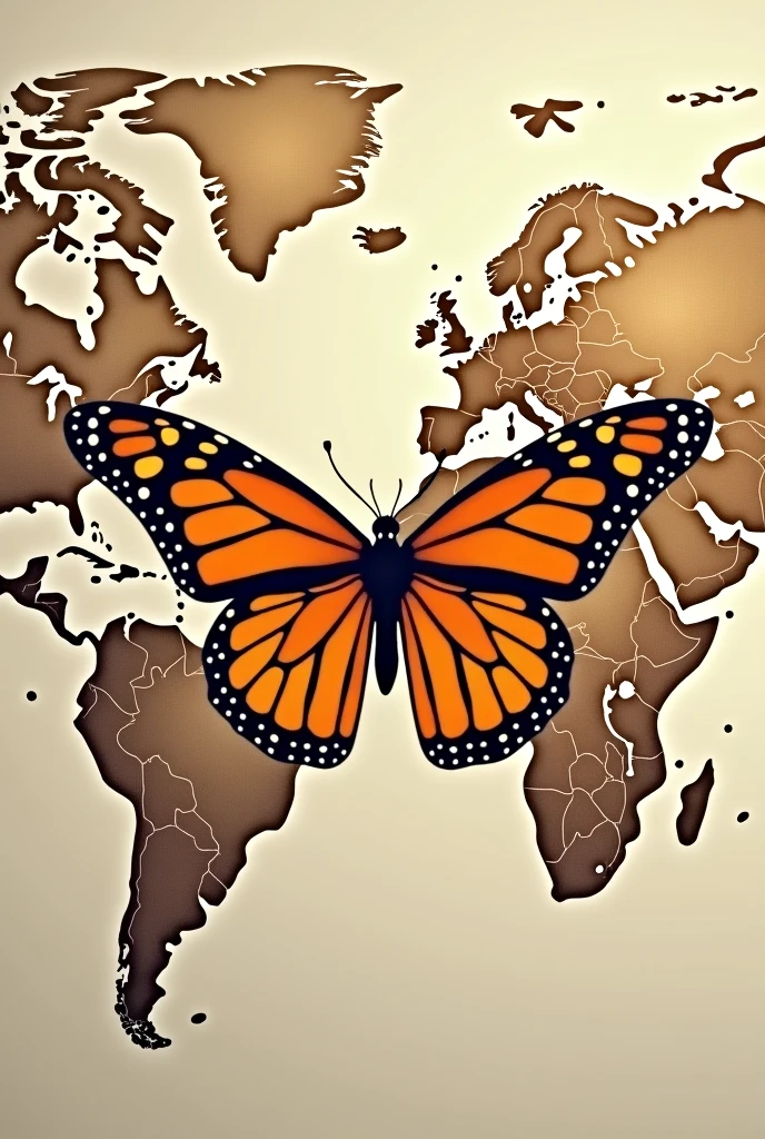 Monarch butterfly logo flying over a world map