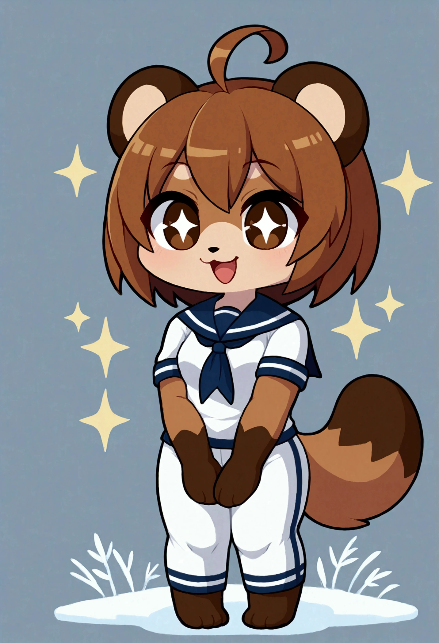 girl, tanuki, furry, bodyfur, tail, sailor suit, short sleeves, jersey pants, long pants, gloves, barefoot, chibi, sparkling eyes, happy, full body, hand between legs, snow