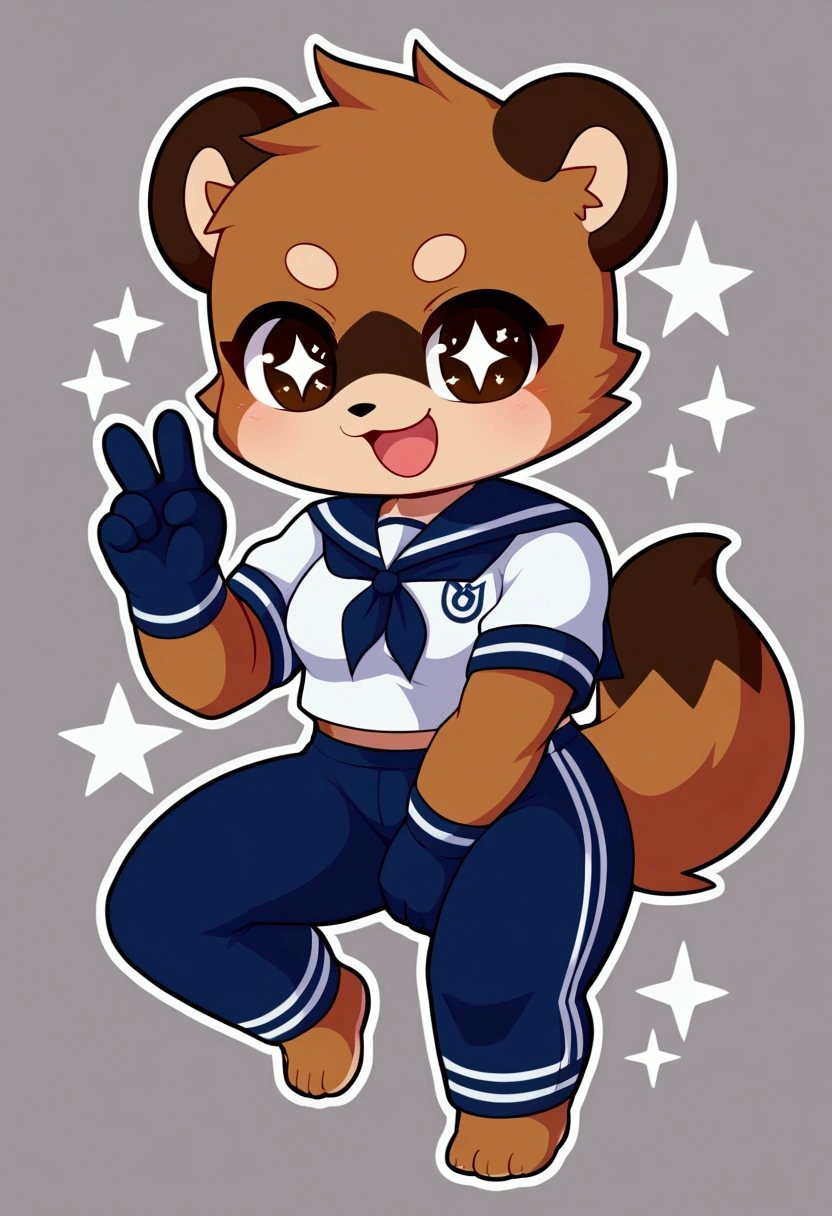 girl, tanuki, furry, bodyfur, tail, sailor suit, short sleeves, jersey pants, long pants, gloves, barefoot, chibi, sparkling eyes, happy, full body, hand between legs, snow