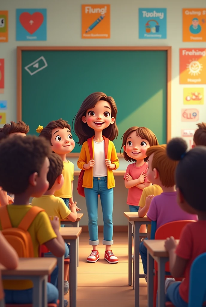 happy children learning english in a classroom