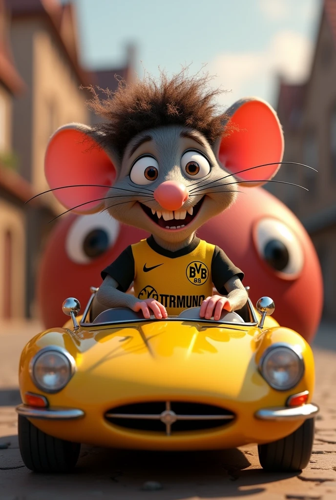 disney pixar title cover "ratalito" He looks like a mouse with a hanging nose and gigantic broken teeth, with curly hair and dressed in a Borussia Dortmund sports car and a meatball with eyes behind him.