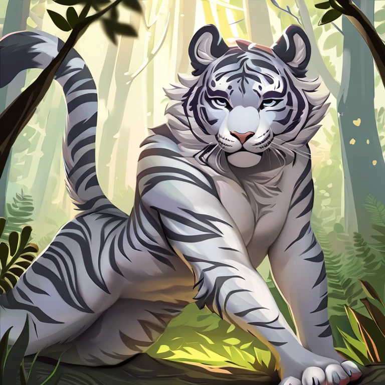 Solo, male, furry art, fursona, ((grey tiger)), white secondary, (perky ears), cool pose, forest background, amazing art, masterfully executed, beautiful background, normal body, paws.