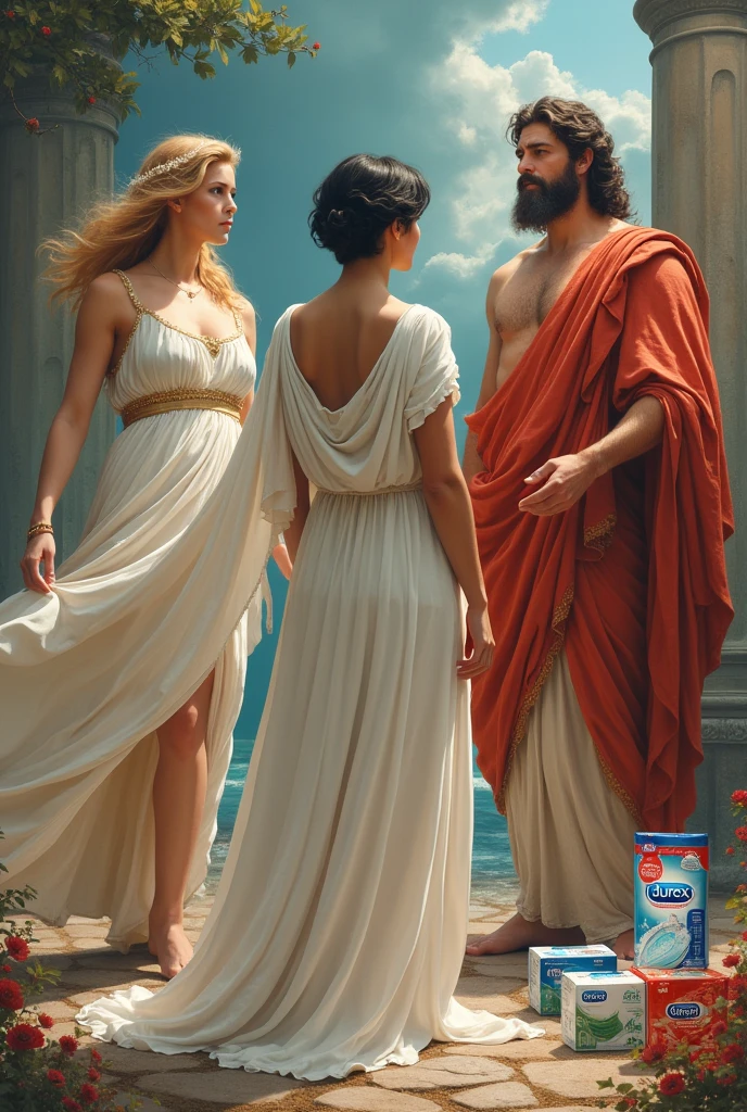 Sapphos from Lesbos in white dress woman with short dark hair has Durex products is behind Aphrodite and Zeus. Additional, Aphrodite in white dress and blonde hair, He is talking to Zeus