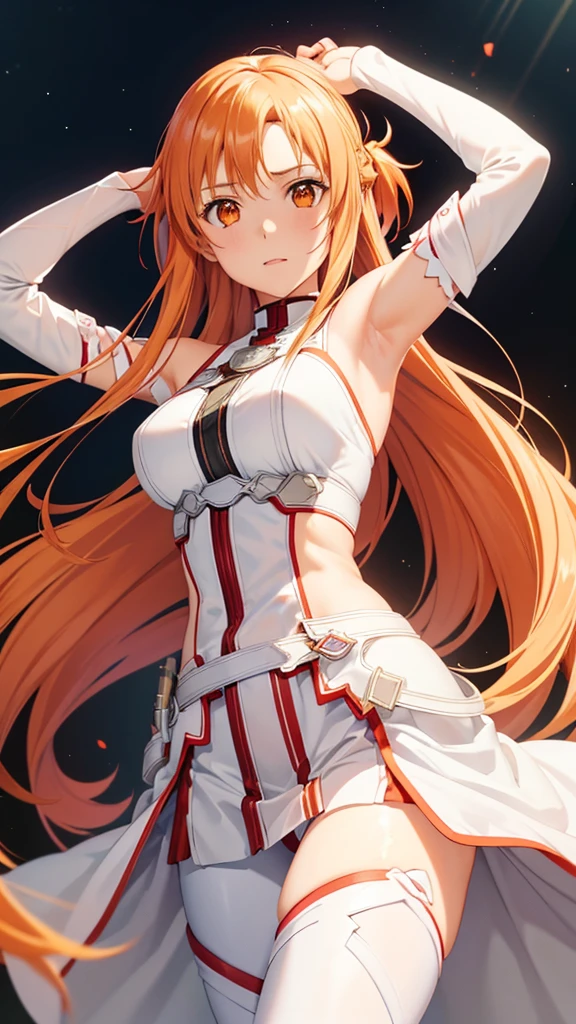 masterpiece, Highest quality, One Girl, Has long orange hair and orange eyes、Anime character wearing white armor and white pants, Yuuki Asuna from sword art online, Yuuki Asuna, Please show me your armpits, Armpit details, Detailed face, Detailed eyes