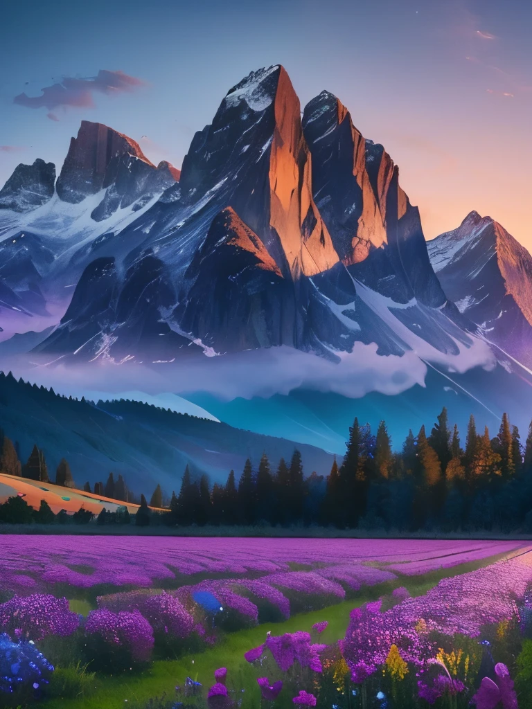 purple flowers in a field with mountains in the background, a photo by George Abe, flickr, color field, gorgeous scenery, stunning nature in background, beautiful setting, beautiful lush colors, really beautiful nature, beautiful scenery, very very very beautiful scenery, blue flower field, moonlight shining on wildflowers, stunning scenery, beautiful nature, amazing landscape in background