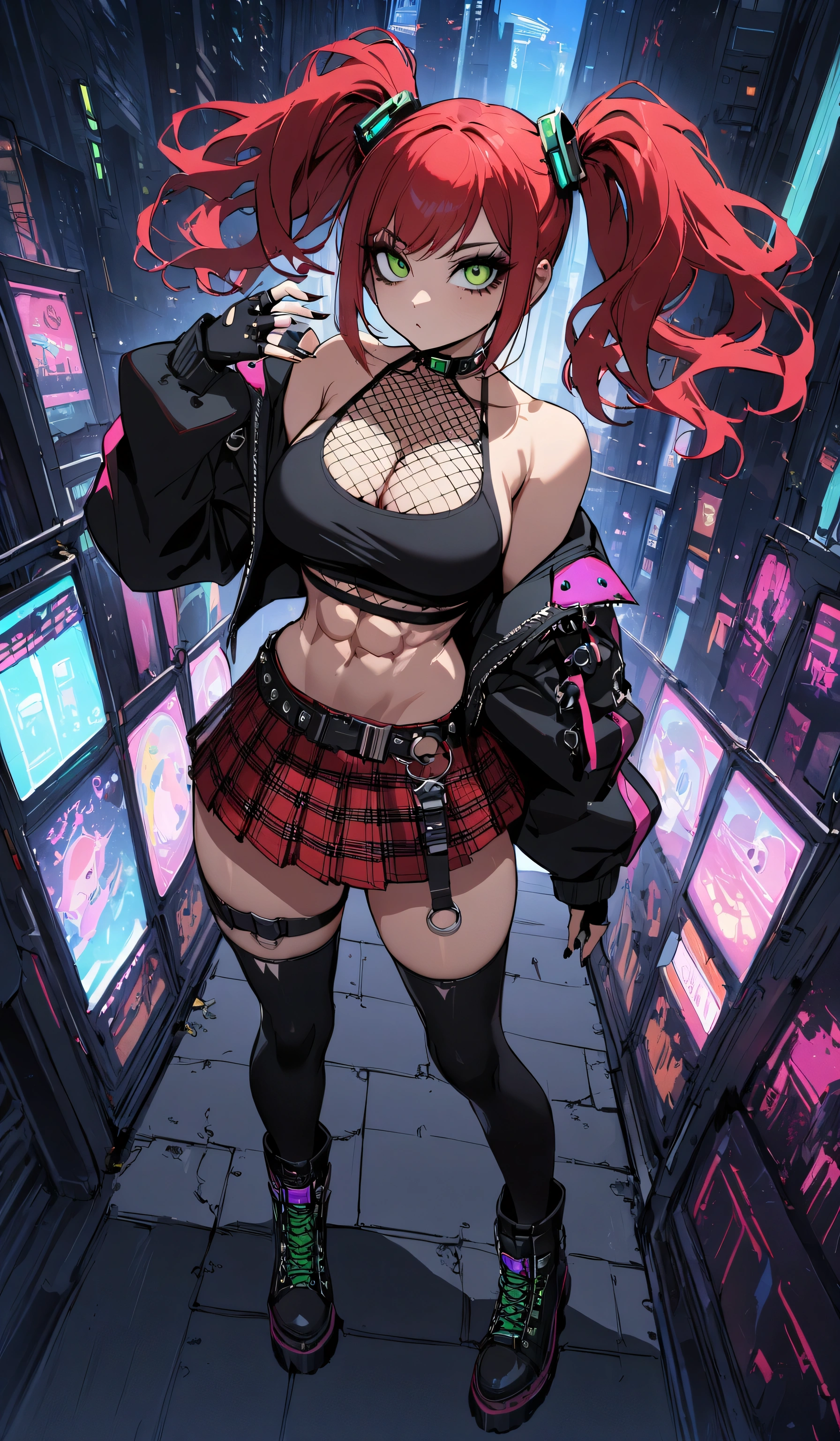 woman, stoic, curly red hair in pig tails, green eyes, black eyeshadow, wearing crop top black shirt, long black jacket, red plaid skirt, black knee high boots, black fingerless gloves, exposed shoulders, large breasts, freckles, abs, cleavage, looking up at viewer, masterpiece, best quality, Holo-Punk Style, cyber punk city, make up, eyelashes, fish net undershirt, fish net stockings, (full body)