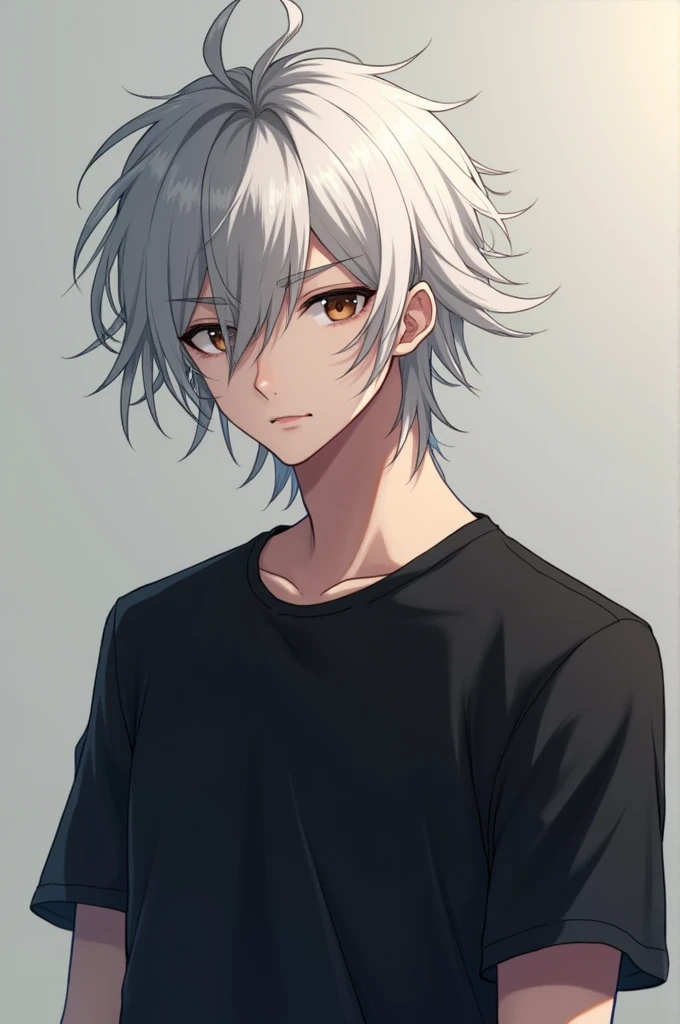 male anime character, black tee, white hair color, eyes browns, hair forward low