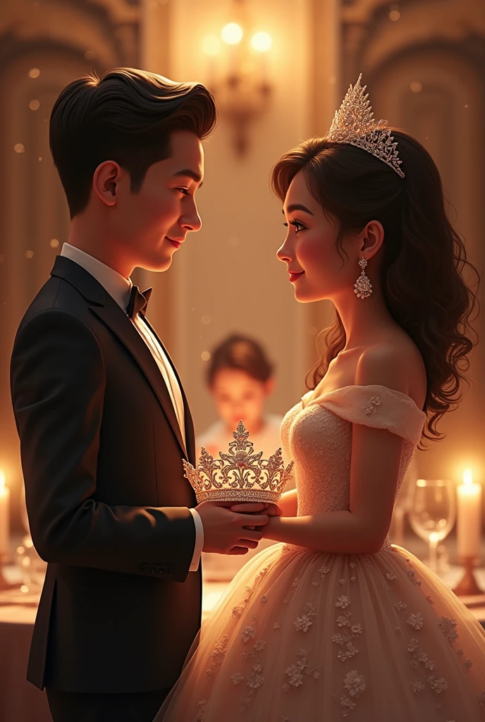 Parents holding quinceanera crown in profile