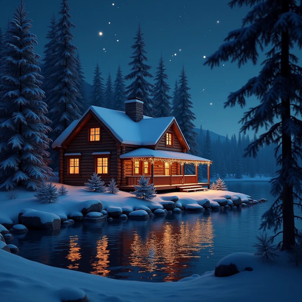 Large Lakeside cabin in the woods with multicolored christmas lights covered in snow at night darkness