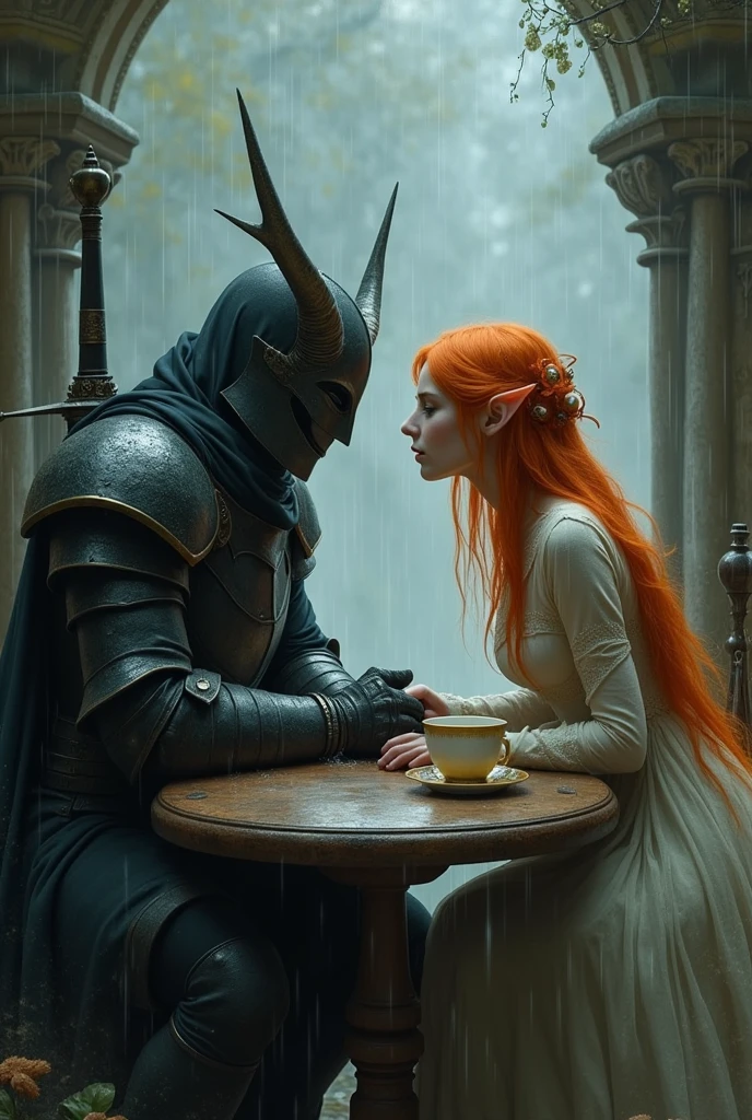 Romantic fantasy, in skyrim style. A man in armor and a black helmet covering his face, with horns and sword, looking at a fairy with pointy ears and coppery orange hair drinking tea. The two are sitting at a table facing each other., it's raining. Looks like an oil painting, a little blurry