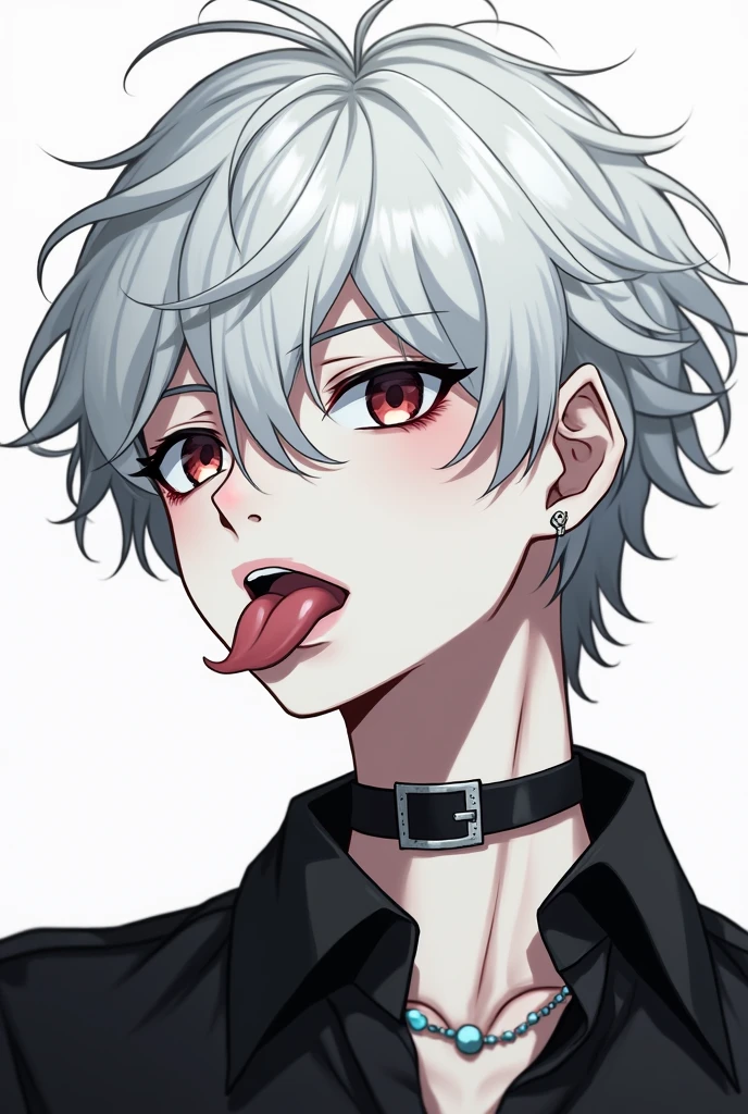 An anime-style emo boy with short, wavy white hair, white skin, sticking out his tongue, and piercing his tongue and ears.