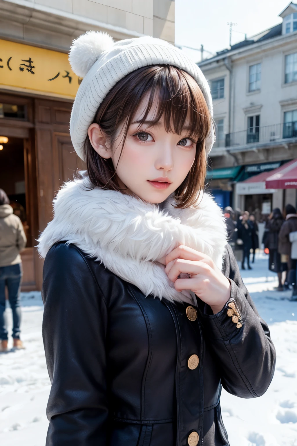(masterpiece, Highest quality),One Girl, solo, Black-haired, scarf, hat, Realistic, Realistic, Looking at the audience, Light-coloured black eyes, Short brunette bob hair, Brown coat, Winter clothes, White headscarf, Lips, Bans, Plein Air, Mouth closed, Upper body、Big eyes、Eyelashes、((Beautiful landscape with sparkling snow))、(((Short bob hair with bangs、Shiny Hair、Big eyes、large full chest、Intensely accentuates the eyes、Staring at the audience、Beautiful beauty、Listen carefully、Long neck、Smile a little、Please close your mouth and laugh、Ideal body proportions)))、{huge|big|hugeな|Mega} chest:2, chestの谷間:2