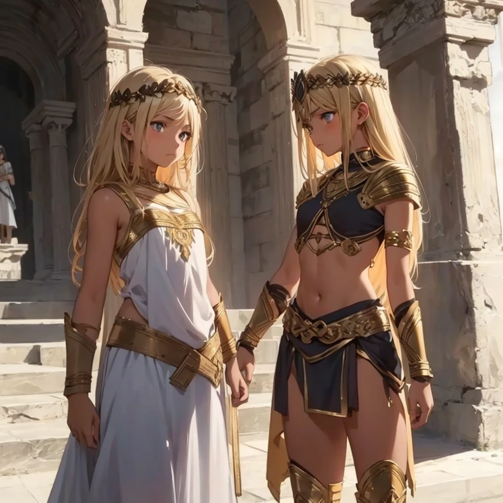 a beautiful Greek warriors child girls , Greek warrior, girls in togas ,tanned skin, cover ,brown skin, ancient Greece, classical Greece, black armor , warrior woman, l ight armor, black hair,red hair , blonde hair , girl , young girls, really young girls, young body, slim body, small chest