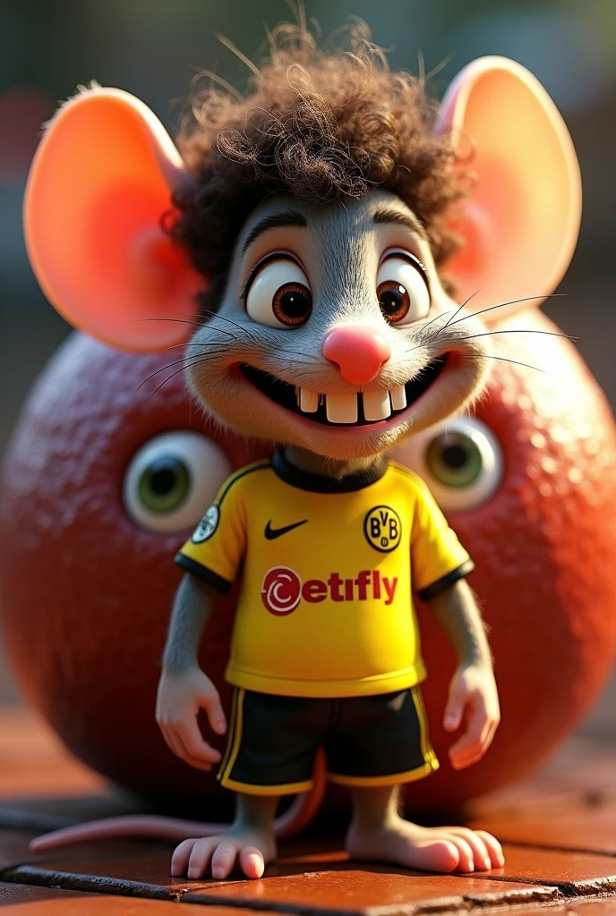 Disney Pixar cover that the title says "ratalito" , He looks like a mouse with a hanging nose and gigantic broken teeth with curly hair and dressed in a Borussia Dortmund outfit and a meatball with eyes behind him
