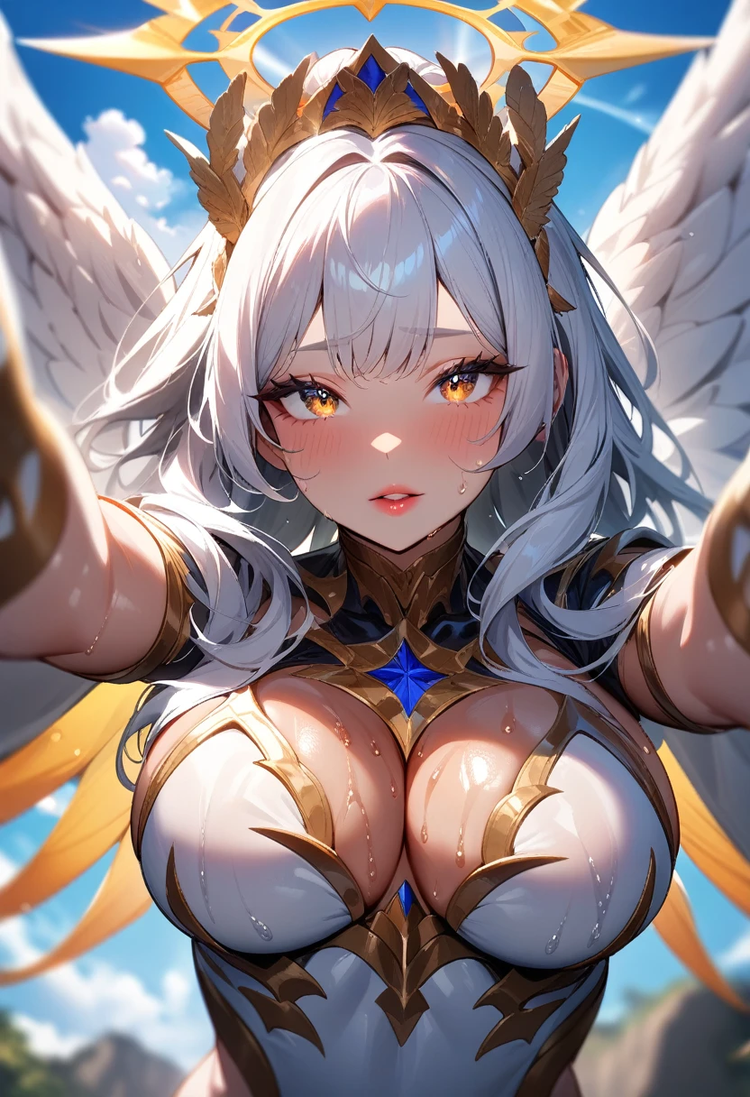 1girls,solo,super detailed skin,shiny skin,wet oily skin,natural face,majestic wings, majestic halo,(angelic skin:1.1),deep detailed eyes,eyelashes,lips gloss,large breasts,vibrant colors,model pose,cloud focus,masterpiece,best quality,ultra detailed,high resolution,sharp focus,depth of field