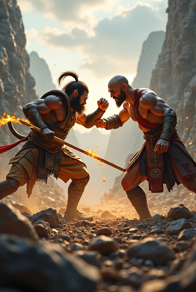 Monkey King in chinese fighter garments and a golden staff fighting Kratos with pure bald head in an head on clash in destroyed mountains. Their feet getting sunk because of each others forces trying to push each others weapons