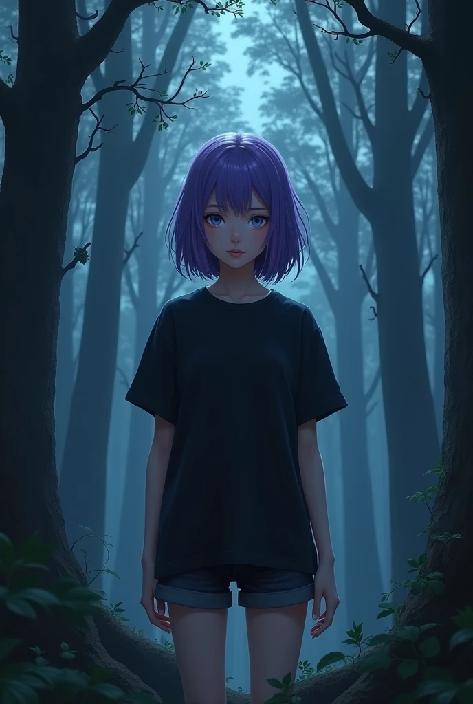 masterpiece, best quality, high quality, ,dark forsest, 1girl, solo, 19-year-old girl,female focus, looking at viewer , purple hair,black T-shirt ,black jean shorts , blue eyes, dare sky
