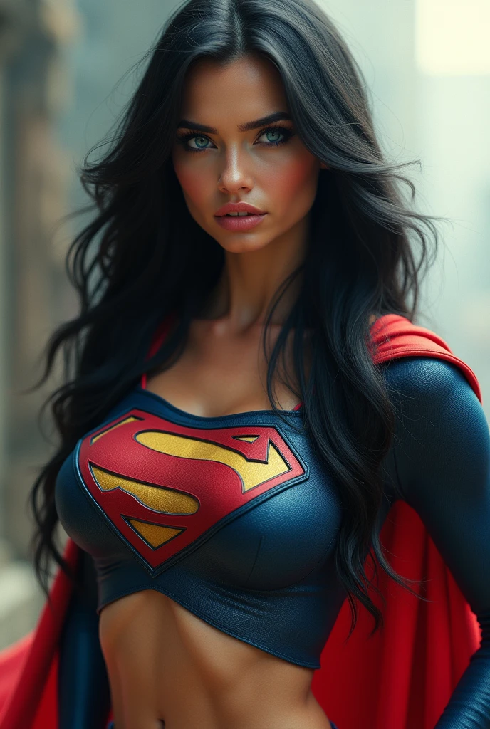 A MUSCULAR FEMALE, WITH LONG BLACK HAIR, BLUE EYES, WITH A SEXY BODY, WEARING A CLASSIC SUPERMAN COSTUME AND RED CAPE. ABSURD 8K RESOLUTION, INCREDIBLY DETAILED SKIN AND EYES