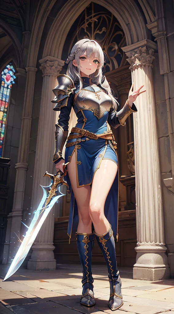 (Official Art、Highest quality、Unity 8k wallpaper、32K、masterpiece、Ultra-detailed、Ultra-high resolution、Realistic、Photorealistic、So ridiculous:1.2)、(Cinema Lighting:1.2)、Fire Glow Effect、Film Grain、Best Shadow、Rim Light、Side light、(Highly detailed and intricate 3D rendering)、Beautiful face and eyes in every detail、Sharp pupils、Realistic students、Slender、1men and women、Medium Bust、(whole body:1.2)、 Beautiful Face、Beautiful girl、(Highly detailed skin、Detailed skin texture:1.3)、(silver blonde、Blue-silver hair:1.3)、Paladin、Long Hair、Blunt bangs、Green Eyes、3 braids per bundle、(Blue Armor、Blue Boots、Blue Helmet、gem、Gold embroidery)、Slender、Maxi Skirt、(Thighs Thighs Thighs Thighs:0.8)、(cheese、in house、Artistic stained glass、Large Pipe Organ、cross、Hello Point、Mysterious、Many feathers floating、Angelic、Particles of light、solemn、Nikko is、colorful、Fantasy:1.2)、(Fantasy:1.3)、(With the holy sword in hand:1.4)、(avert your eyes、Looking into the distance:1.3)、Fantasy、A kind smile