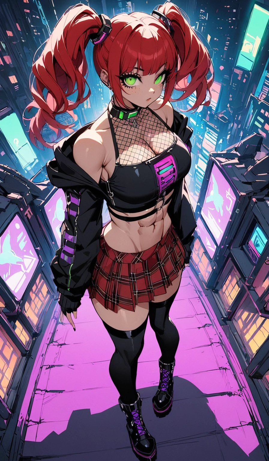 woman, stoic, curly red hair in pig tails, green eyes, black eyeshadow, wearing crop top black shirt, black hoodie, red plaid skirt, black knee high boots, black fingerless gloves, exposed shoulders, large breasts, freckles, abs, cleavage, looking up at viewer, masterpiece, best quality, Holo-Punk Style, cyber punk city, make up, eyelashes, fish net undershirt, fish net stockings, (full body)