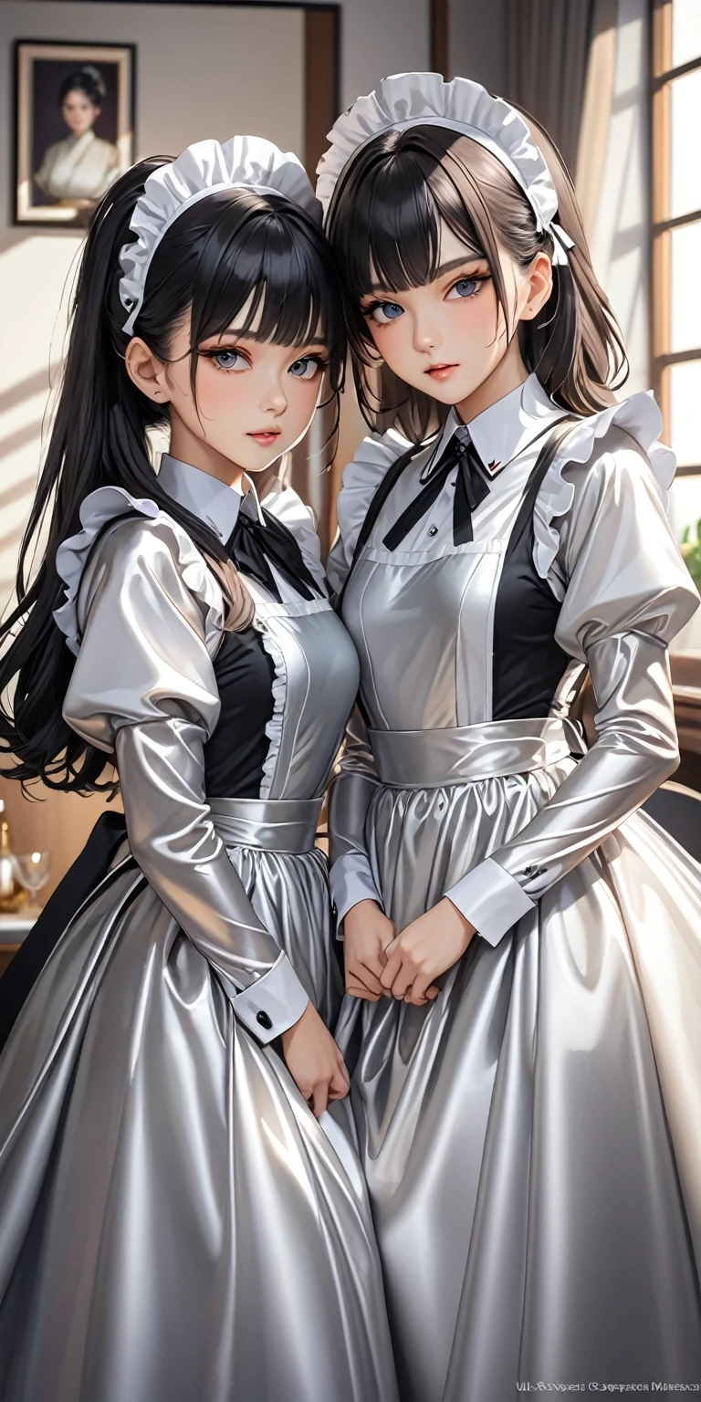 Portraiture、(masterpiece,Highest quality,Ultra-high resolution),Japanese women, (((Two very beautiful 25 year olds)))、Both of them are wearing shiny, pale silver satin long sleeve maid outfits...、The dress is made of shiny satin.、'Don't expose your skin..、The skirt is a long skirt with frills.、Satin Gloves、((Satin bodysuit))、Bright room、They are sitting side by side on the bed