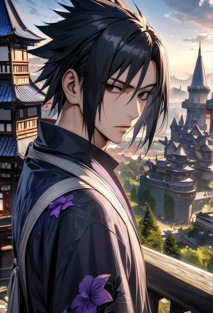 ultra detailed, high resolution, absurd, HDR, Uchiha Sasuke, black eyes, black hair, purple flowers, castle in the background, handsome, 1 man only,