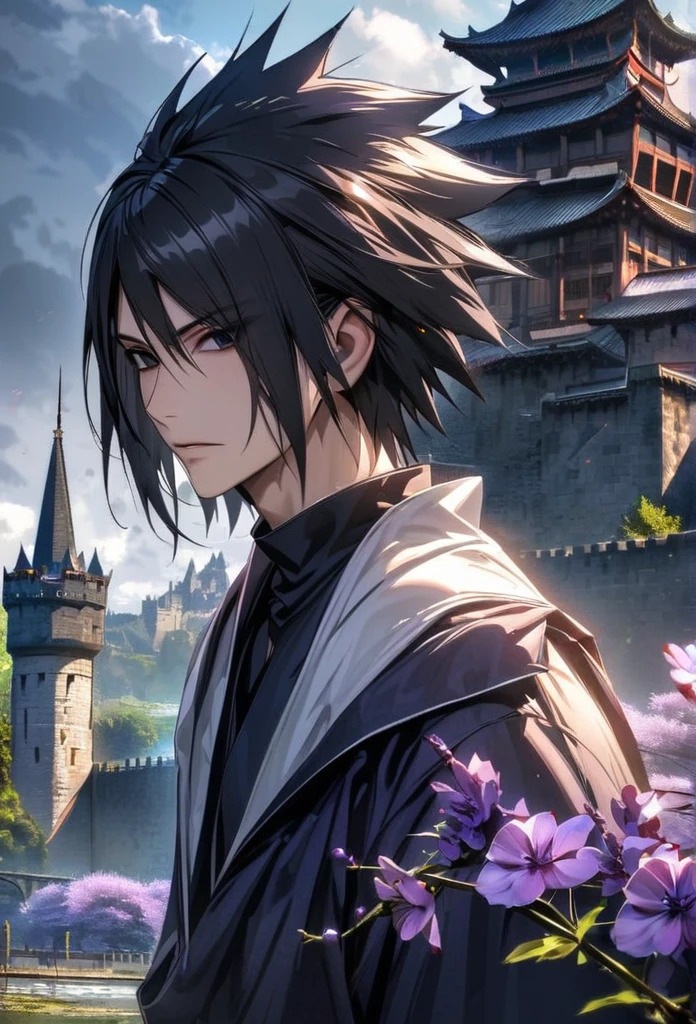 ultra detailed, high resolution, absurd, HDR, Uchiha Sasuke, black eyes, black hair, purple flowers, castle in the background, handsome, 1 man only,