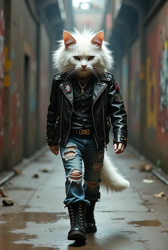 Generates a hyperrealistic image of a white Manie Coon cat which has 2 yellow spots on its forehead and has one light blue eye and the other yellow eye., He also has branded rock style clothing "Joke" because he is being photographed as a model, so it simulates a model pose, with a defiant look. The place is New York street