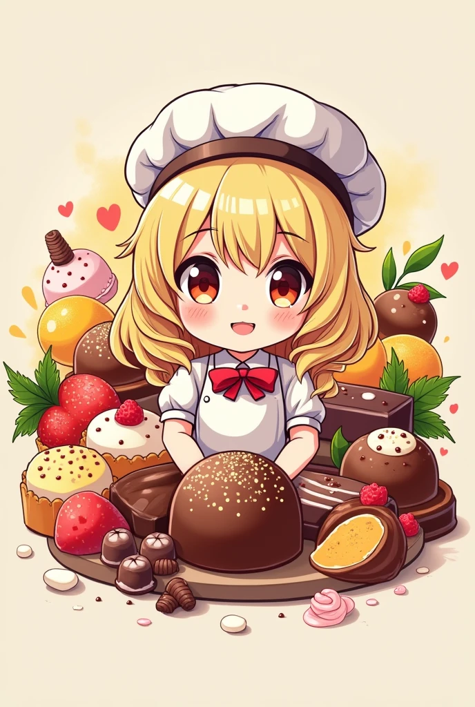logo,Kizi, anime food, baking art, brigadiers frescas ao fundo, candies, tortas, brigadiers, chocolates, candies finos, blondie hair